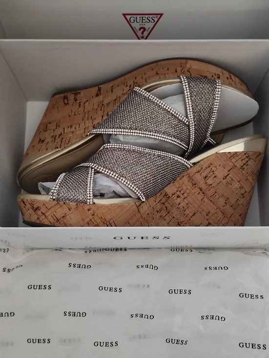 GUESS Metallic Taupe Crystal-Trim Cork Wedge Sandals