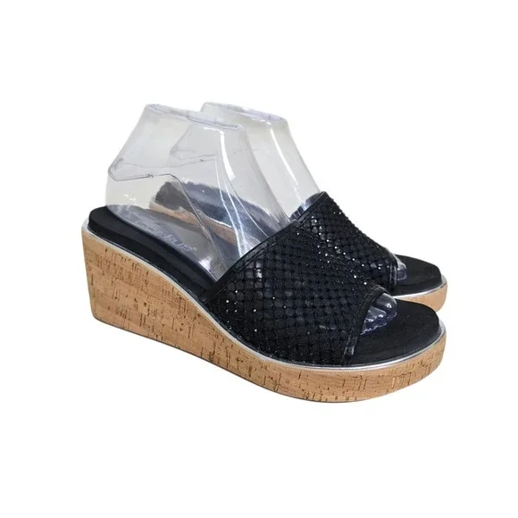 Corkys Footwear Womens Black Mesh Wedge Slide Sandals Cork Heel Size 8