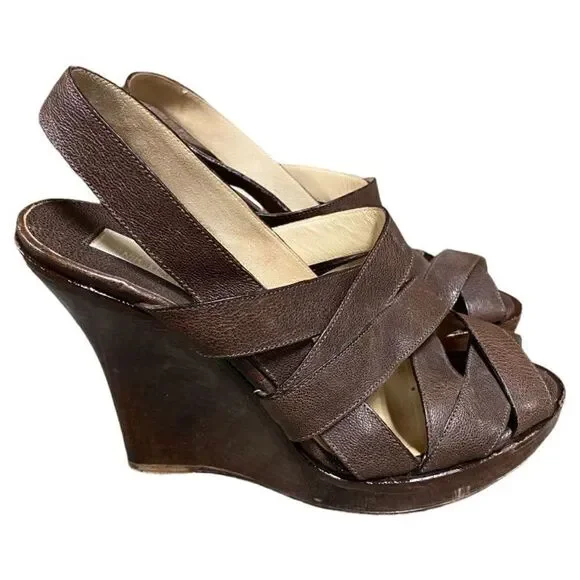 Michael Kors Brown Leather Strappy Platform Wedge Sandal Size 7