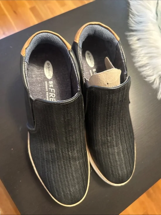 Dr. Scholl's Black Slip-On Wedges with Tan Accent