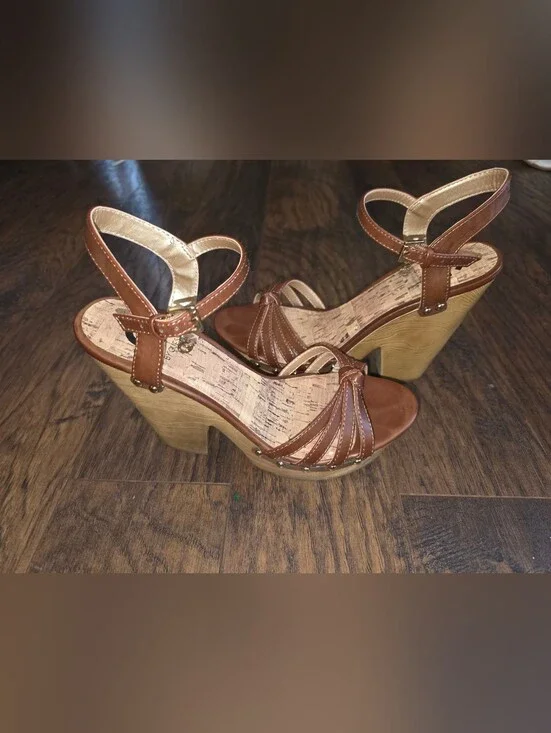 G by Guess Brown Strappy Cork-Style Wedge Sandals