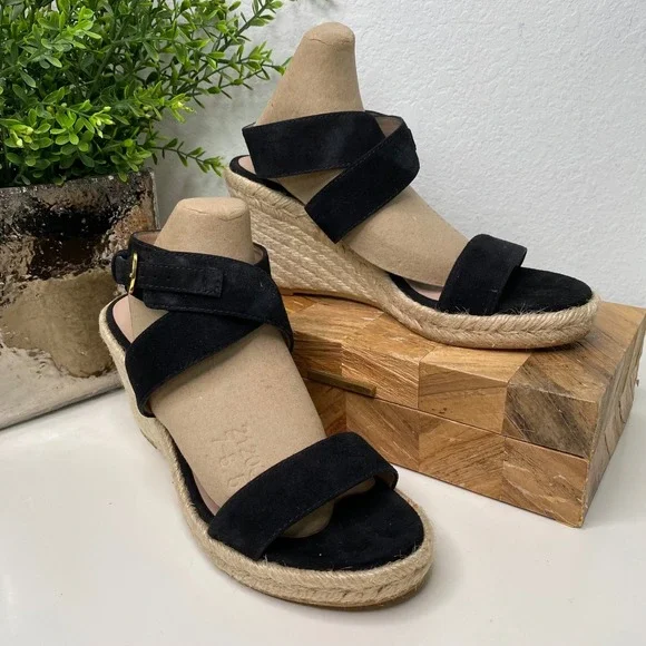 Stuart Weitzman Lexia Espadrille Wedge‎ Sandal Ankle Strap Black Suede Size 8