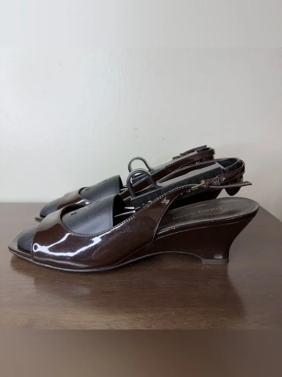 Etienne Aigner Dark Brown Patent Leather Slingback Peep Toe Wedges 9.5 Womens