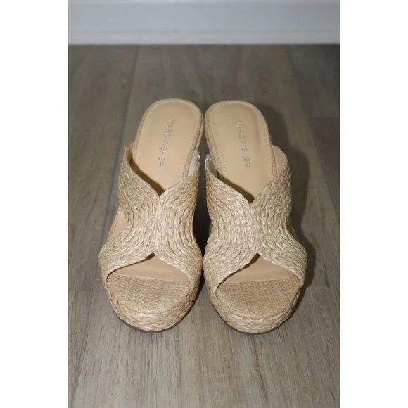 Marc Fisher Women's 6.5M Natural Raffia Woven Wedge Platform Slide Sandals Beige