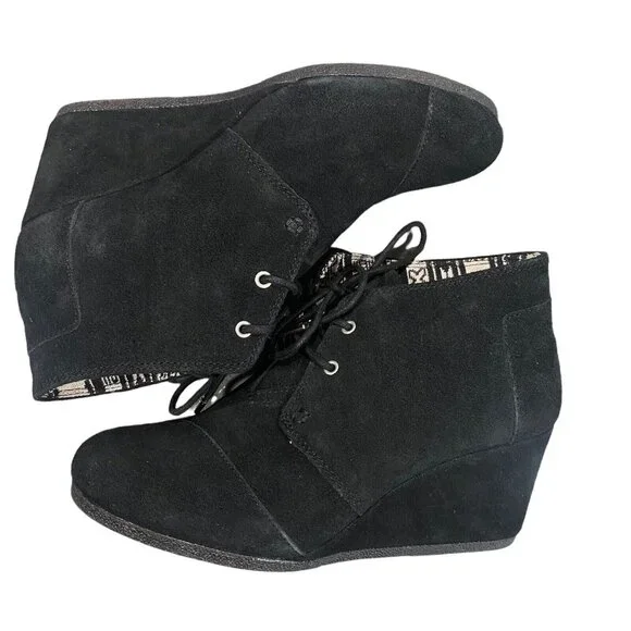 TOMS Women Shoes Size 9 Black Suede‎ Wedges Tie Up Booties Casual Stylish