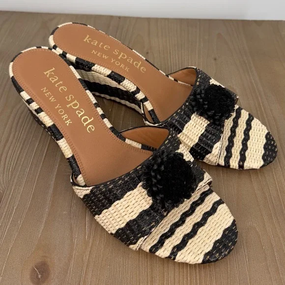 Kate Spade Leather Seville Black Striped Raffia Wedge Sandals Pom Pom Womens 9.5