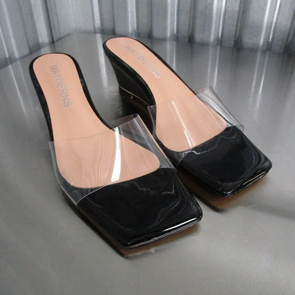Wayderns Womens Black Patent Clear PVC Square Toe Wedge Sandal Mules Size 8 38.5