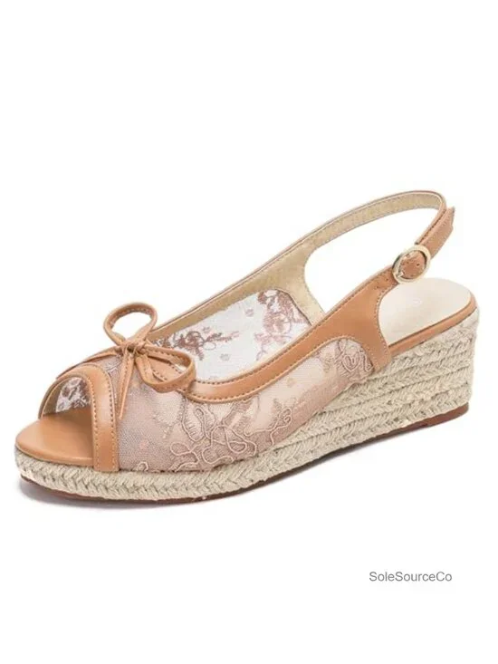 Lace Wedges Heels Espadrille Platform Slingback Sandals Open Toe Buckle Strap