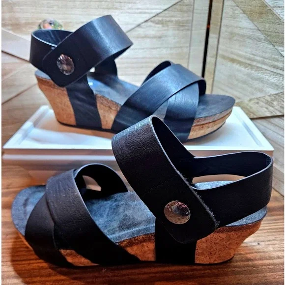 Natural‎ Boho Wedge Chunky Sandals Wmn Sz 8 Black Cork Strappy Ankle Strap #560