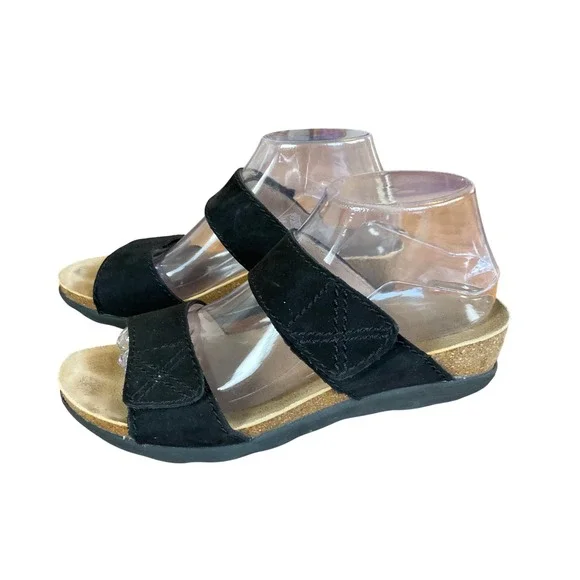 Dansko Sandals Women 39 Black Leather Suede Cork Wedge Adjustable Straps‎