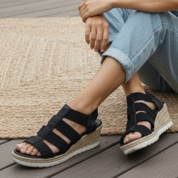 STEVEN‎ Women's Natural Comfort Black Elastic Strappy Wedge Sandals - Size 7