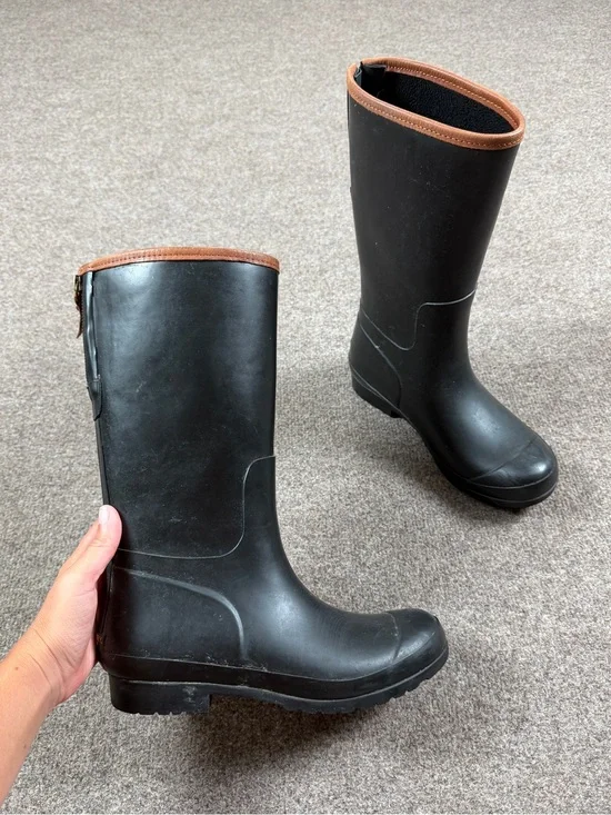 Sperry Black Calf Length Tall Waterproof Rain Boots Women’s 8 Leather Trim Y2K