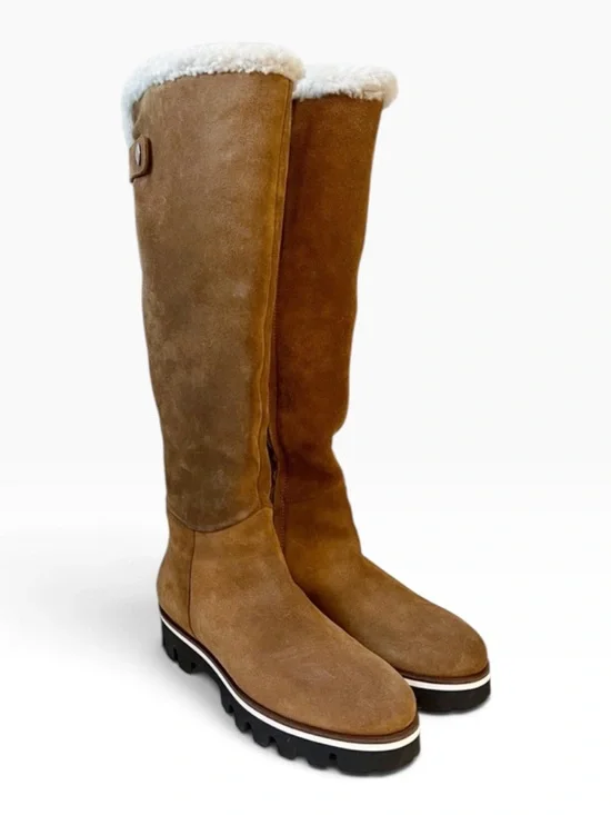 Aquatalia MYA Suede Waterproof Lug Sole Shearling Tall Boots Walnut Brown Size 7