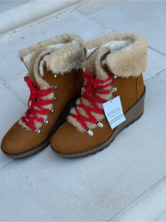 J. Crew Tan Faux-Shearling Lace-Up Ankle Boots with Red Laces