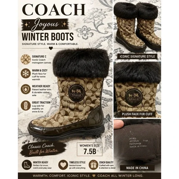 Coach Joyous Signature C Winter Snow Boots Faux Fur Trim Khaki Brown Women's 7.5