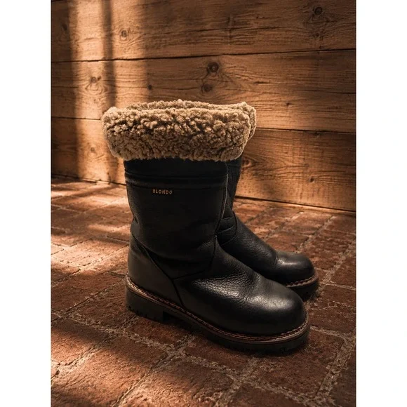 Vintage Blondo Black Leather Shearling Winter Boot Lug Sole 7 Utility Boho Apres