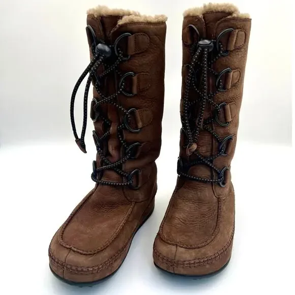 FitFlop Mukluk Moc 2 Boots Womens 8 Brown Leather Shearling Lined Tall Winter