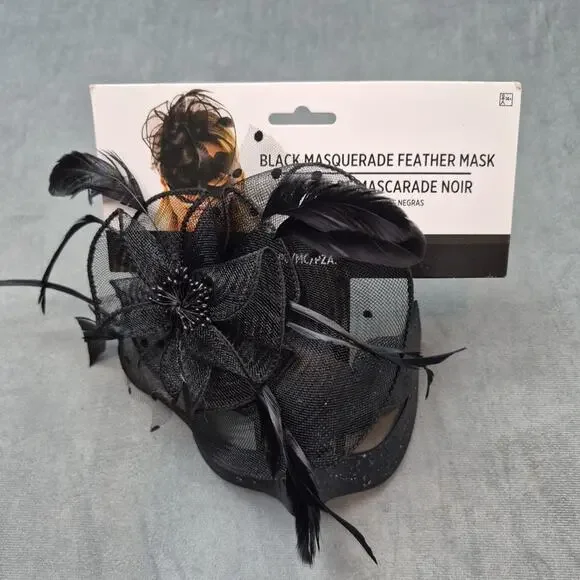 Black Masquerade Mask, Glitter, Feathers, Rhinestones Mardi Gras , Halloween