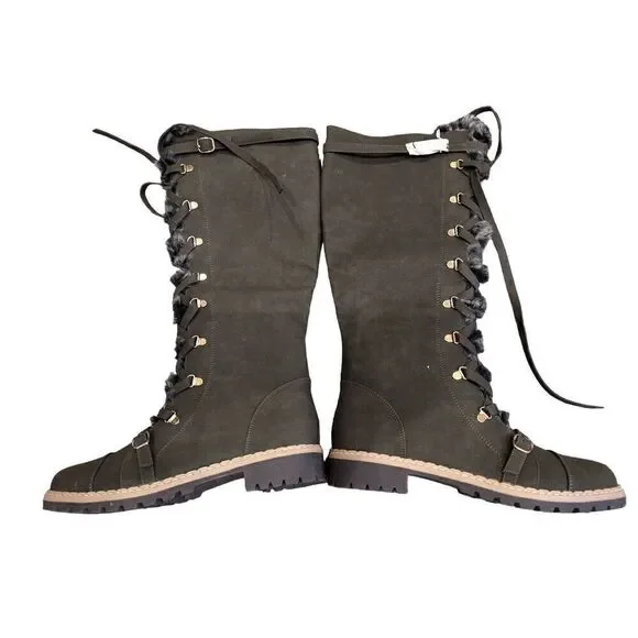 JustFab Women's Green Jylan Faux Fur Lace-Up High Shaft Boots Size 10