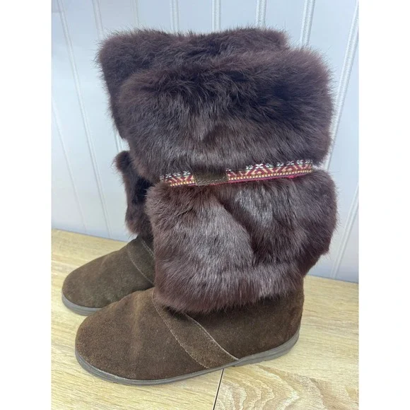 Minnetonka Women‎ 9 Brown Suede Rabbit Fur Mukluk Winter Boots Woven Yeti