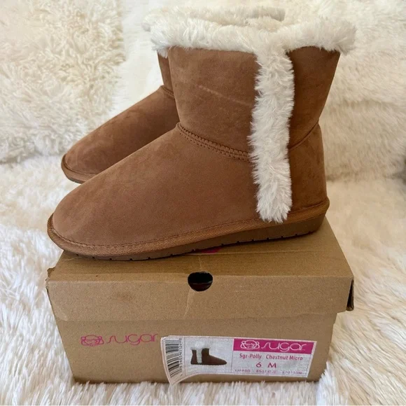 Sugar Polly Faux Suede Sherpa Winter Ankle Boots Chestnut Women’s Size 6 NWT