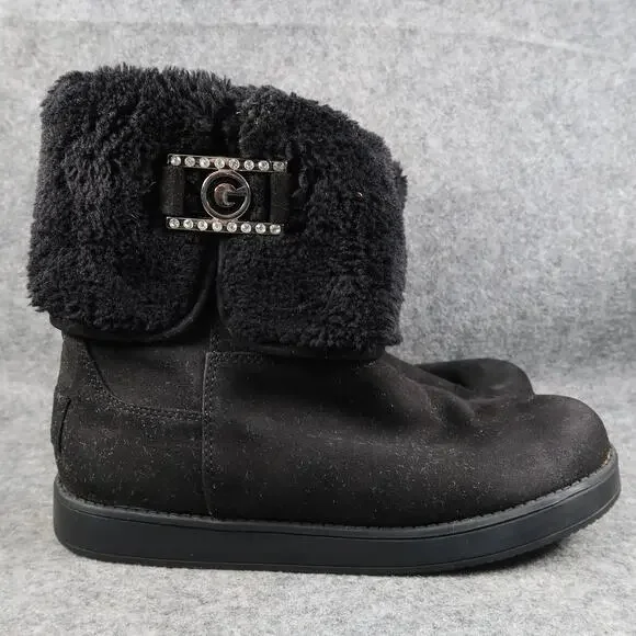 Guess Shoes Women 6 Boots Shearling Style Pull On Fashion Winter Warm Black Logo