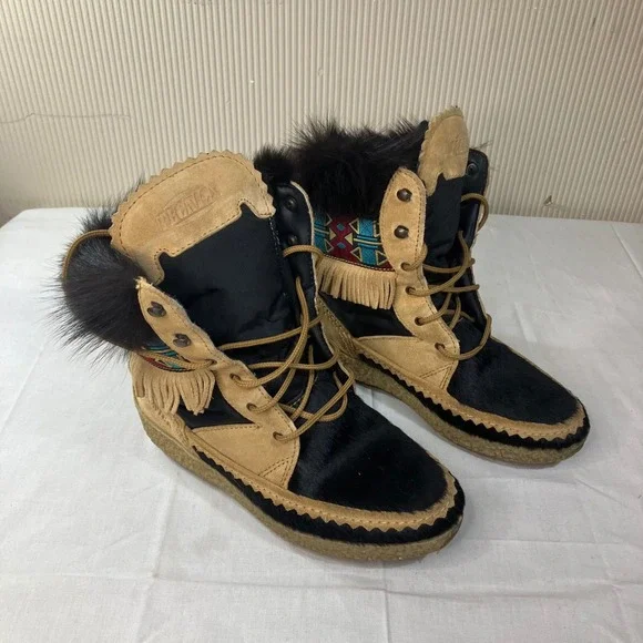 Tecnica Moon Boot Moccasin Suede Pony Hair Fringe Apres Ski Boots Womens 38 7.5