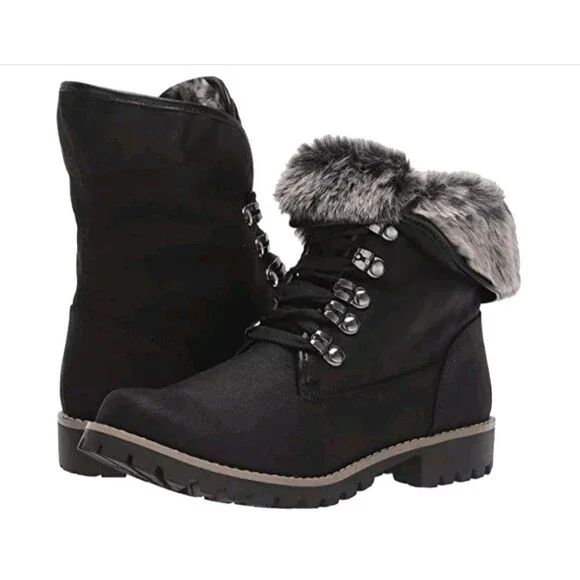 Cliffs White Mountain Size‎ 8.5 Fur Trim Lace Up Black Faux Leather Combat Boots