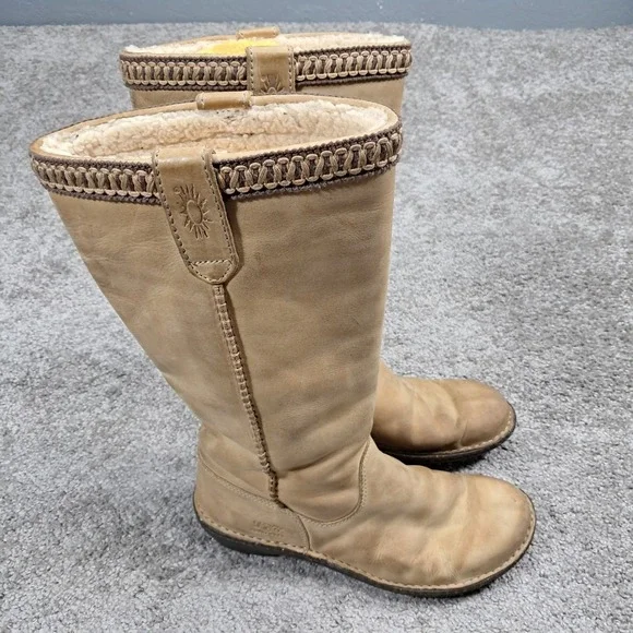 UGG Sunburst Tall 5133 Sand Tan Leather Sheepskin Shearling Boots Womens 9‎