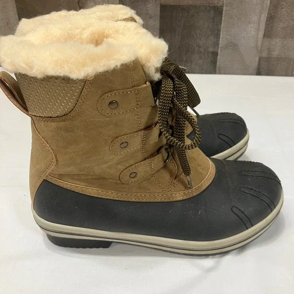 Pawz‎ Womens Ginnie Womens 7 Duck Boots Tan Black Faux Fur Lined Lace Up
