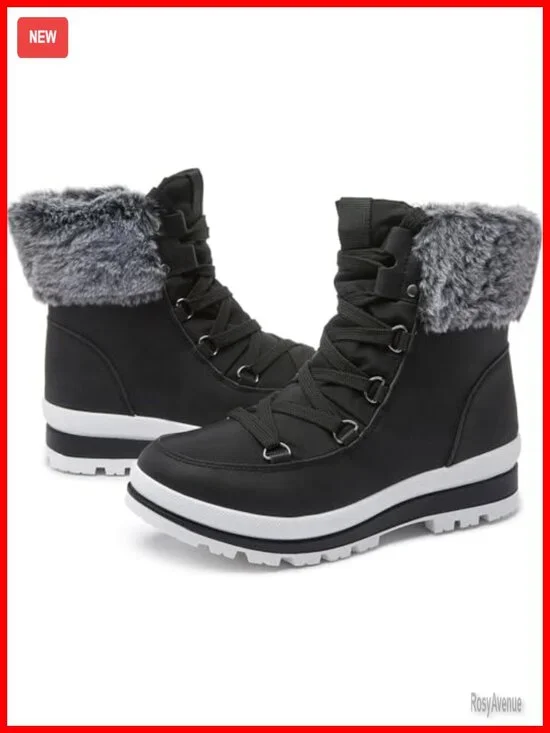 Faux Leather Lace Up Waterproof Fur Lined Mid-Calf Snow Boots