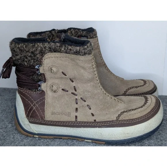 Merrell Puffin Mid Women's Size‎ 8 Suede Tan Leather Winter Boots Primaloft 200g