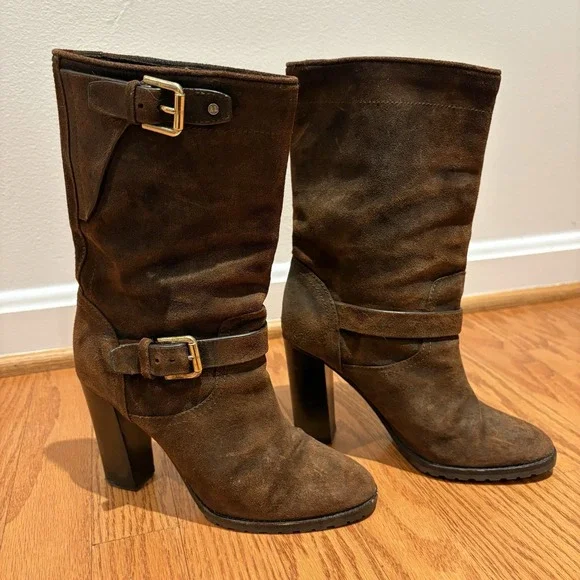 Ralph Lauren Collection Purple Label Dark Brown Suede Buckle Boots Sz‎ 36B