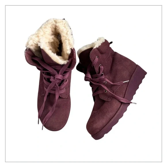 BEARPAW® Women’s ‘Phoebe’ Hiker Boot Wine Suede Cream Sheepskin/Wool Lace-Up‎ 6
