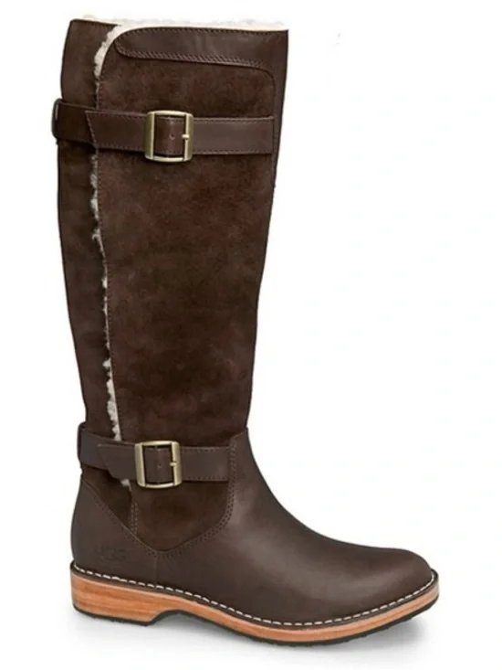 UGG Dunwich Shearling Sherpa Lined Suede Leather Tall Riding Boots Winter Brown