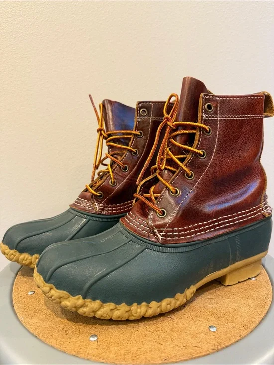 L.L. Bean Women's 8” Two-Tone Leather & Rubber Duck Boots - Brown & Dark Green