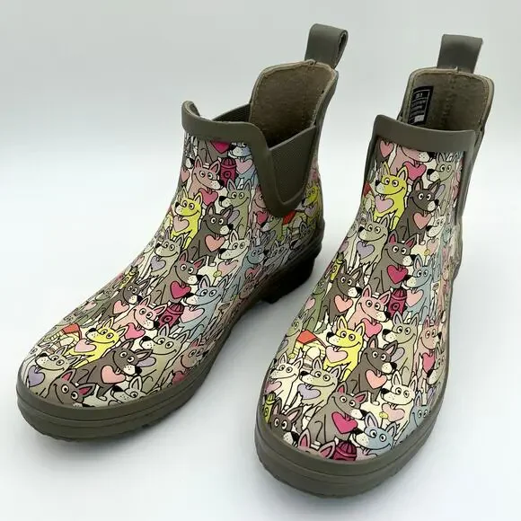 BOBS by Skechers Dog Print Rain Boots Womens 8 Ankle Chelsea Wellies Multicolor