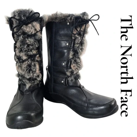 The North Face Winter Boots Womens 8 Black Leather PrimaLoft Faux Fur Insulated