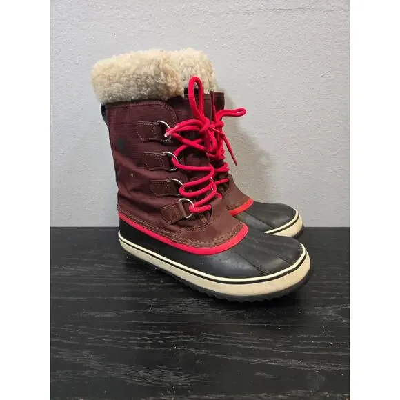 Sorel Winter Waterproof Snow Boots Winter Carnival Faux Fur Trim Maroon 7