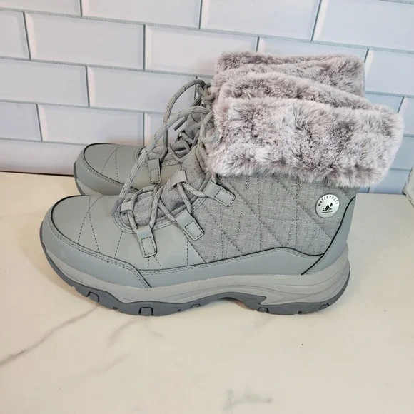 Skechers Trego Stormie Ankle Boot Grey Womens Size 8 Faux Fur Trim EUC
