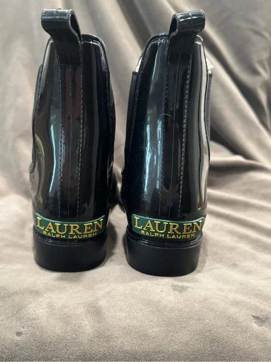 Lauren Ralph Lauren Black Patent Chelsea Rain Boots with Logo Heel