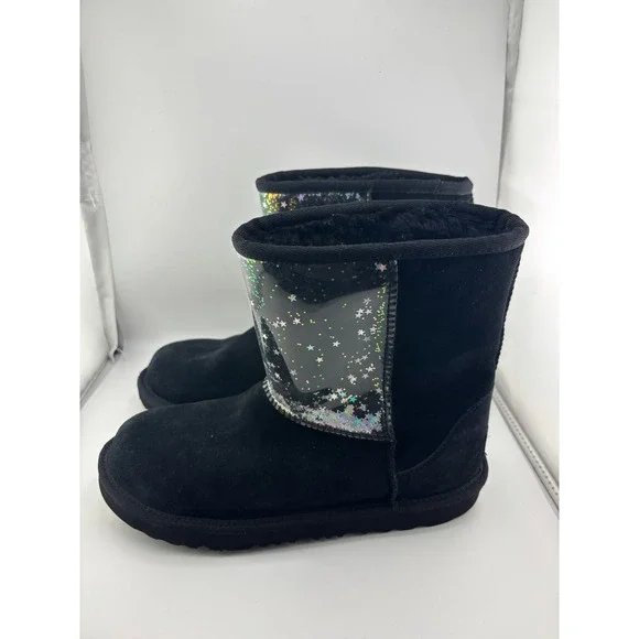 UGG Classic Short Starry Glitter Black Suede Fur Lined Boots Women 6 1116192