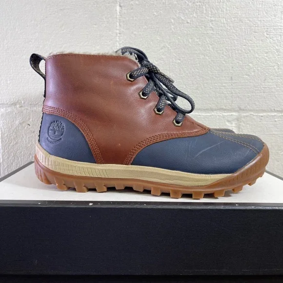 Timberland‎ A3649 Duck Boots Brown Navy Leather Faux Shearling Lace up Women's 7