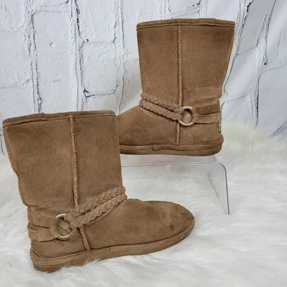 Bearpaw ADELE Brown Suede Winter Boots Ankle‎ Top Comfort Pull On Round Toe Sz 7