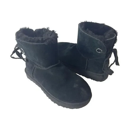 UGG Short Black Suede Winter Boots Womens 6 Pull On Sherpa Lining Comfort Casual