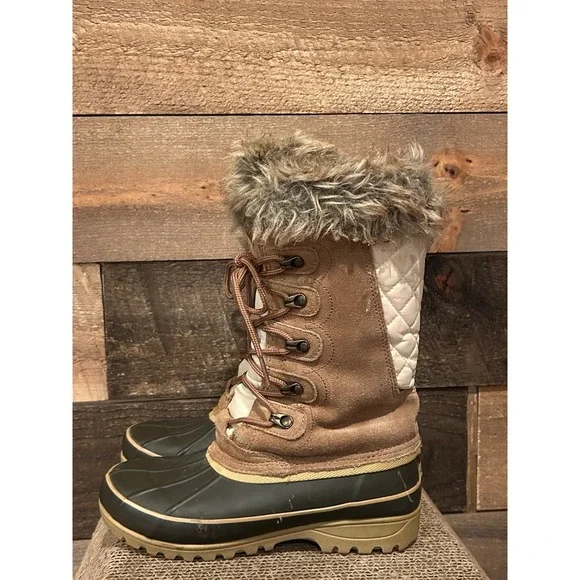 Khombu Allie Duck‎ Boots Winter Quilted Faux Fur Tan Cream Olive Women's Size 6M