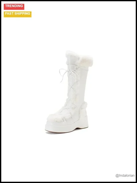 Faux Fur Platform Snow Boots Lace Up Side Zipper Winter Knee High