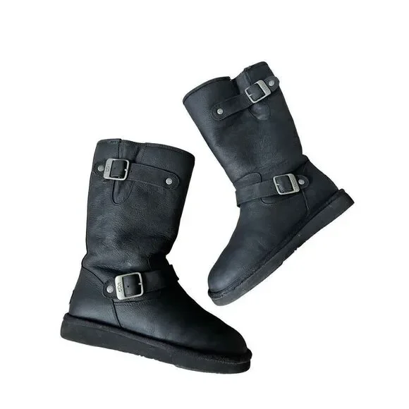 UGG Australia Women Sutter Black Leather Dual Buckle Moto Biker Boots size‎ 6