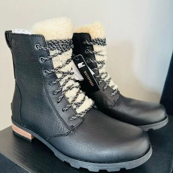SOREL Emelie Genuine Shearling Lamb Fur Short Lace-Up Boot, Black, Size 9.5, NWT
