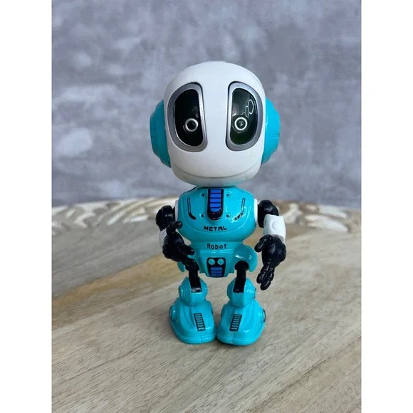 Metal Robot Diecast Articulated Action Figure Turquoise White‎ Light Up Eyes Toy